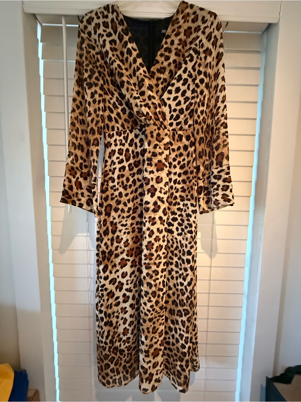 Zara Leopard Print Satin Wrap Dress in Tan and Brown with slit